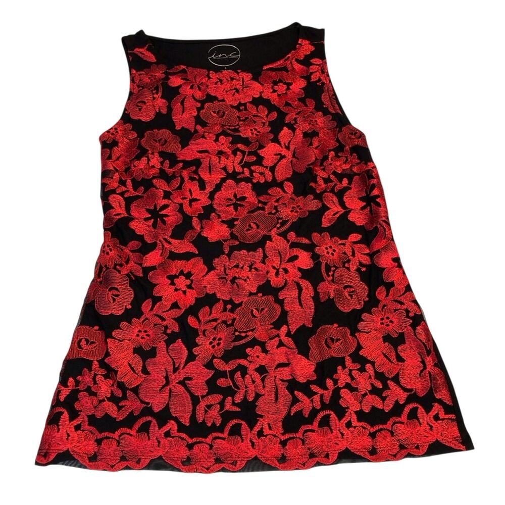 NWT INC International Going Global Red Black Sleeveless Lace Top Longer Length - Picture 16 of 16
